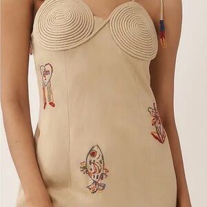 Farm Rio Tropical Beaded Embroidered Beige Dress